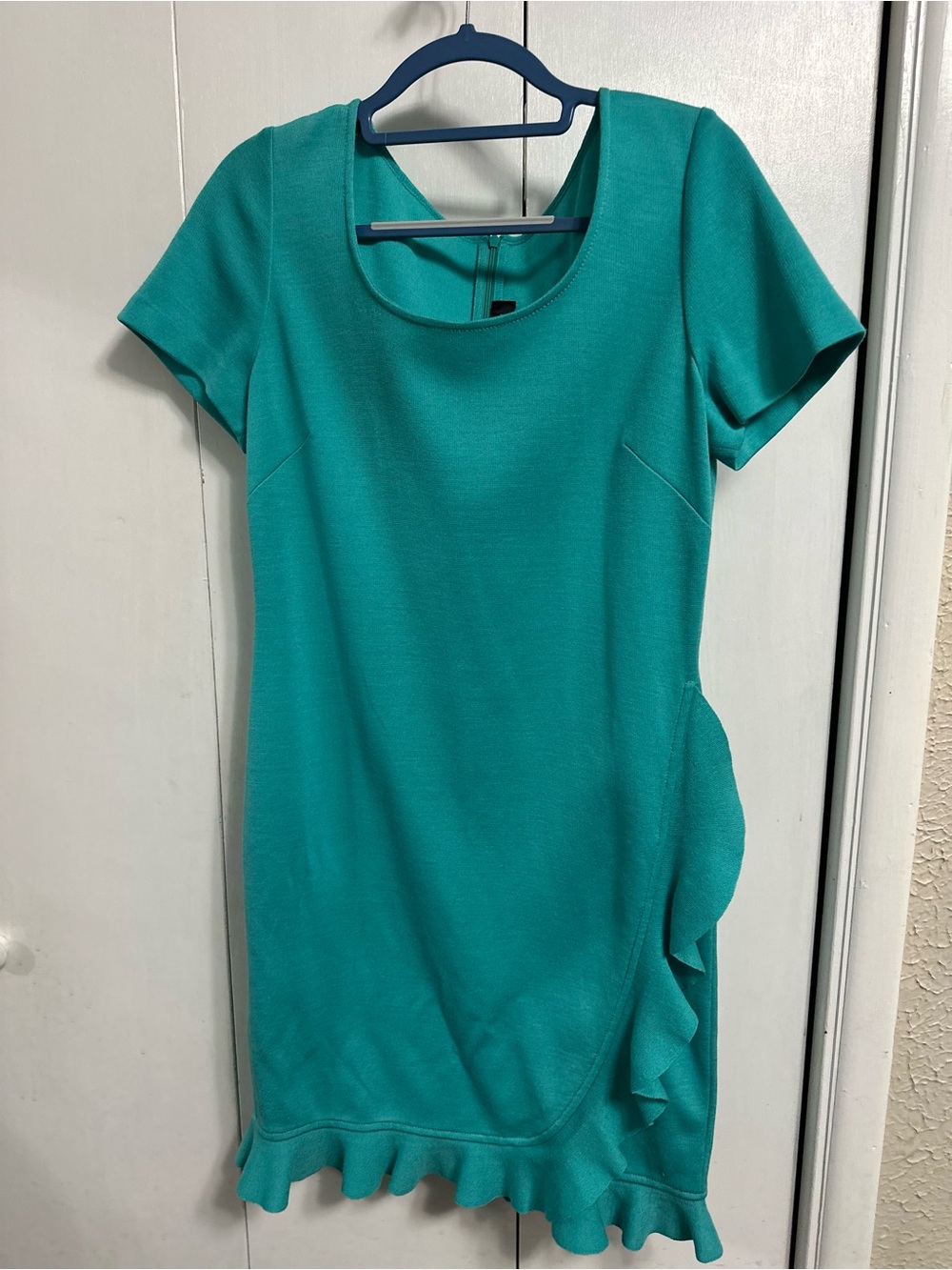 St. John Teal Ruffle-Hem Short Sleeve Dress